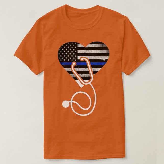 T-shirt American Flag Heart avec police hin Blue Line Nurs (Design devant)