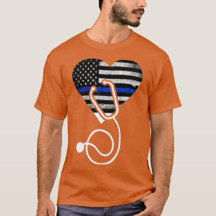 T-shirt American Flag Heart avec police hin Blue Line Nurs