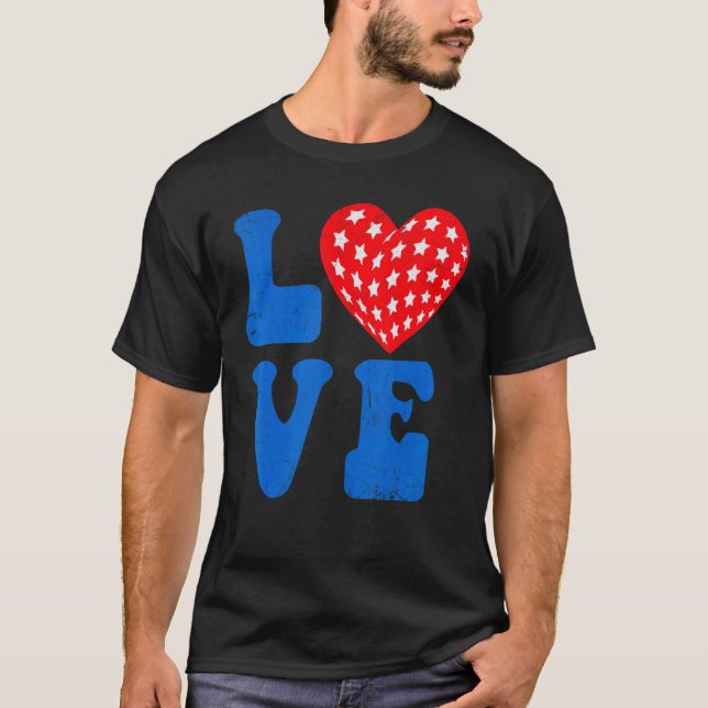 T-shirt American Flag Love Heart Red Blue 4 juillet Part (Devant)