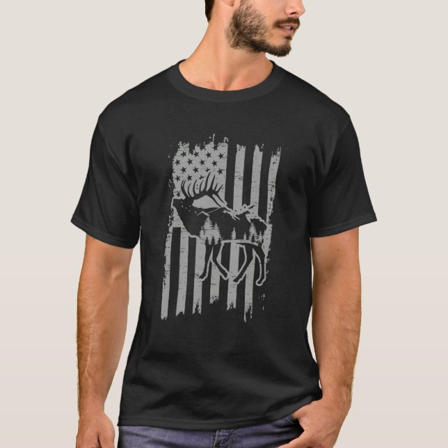 T-shirt American Flag Moose Alaska Specie Wild Animal Hunt (Devant)