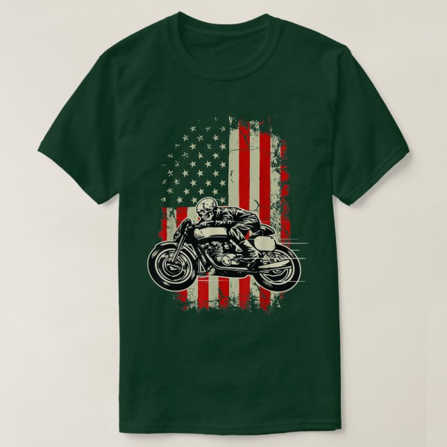 T-shirt American Flag Motorcycle Skeleton Biker Bobber  (Design devant)