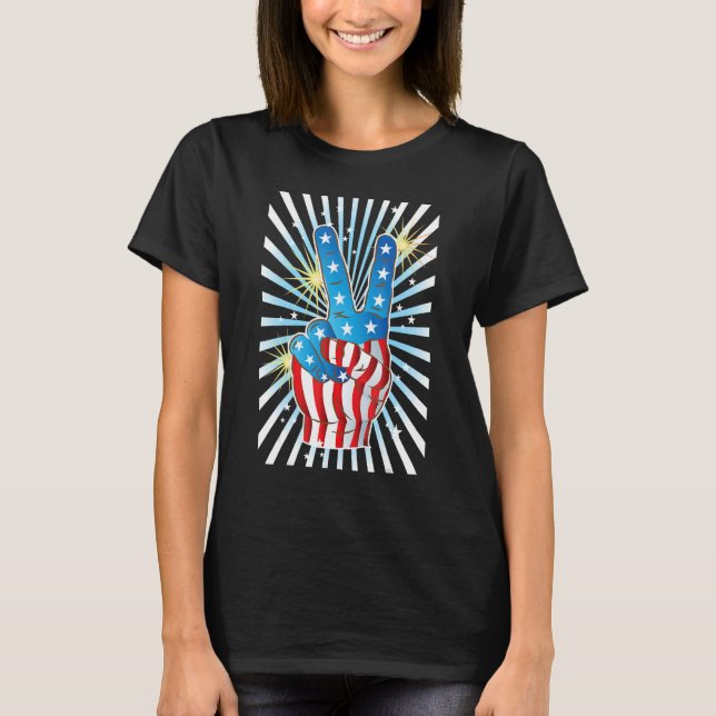 T-shirt American Flag Peace Sign Hand   Fourth of July (Devant)