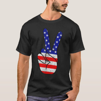 T-shirt American Flag Peace Sign Hand Patriotic 4th Of Jul