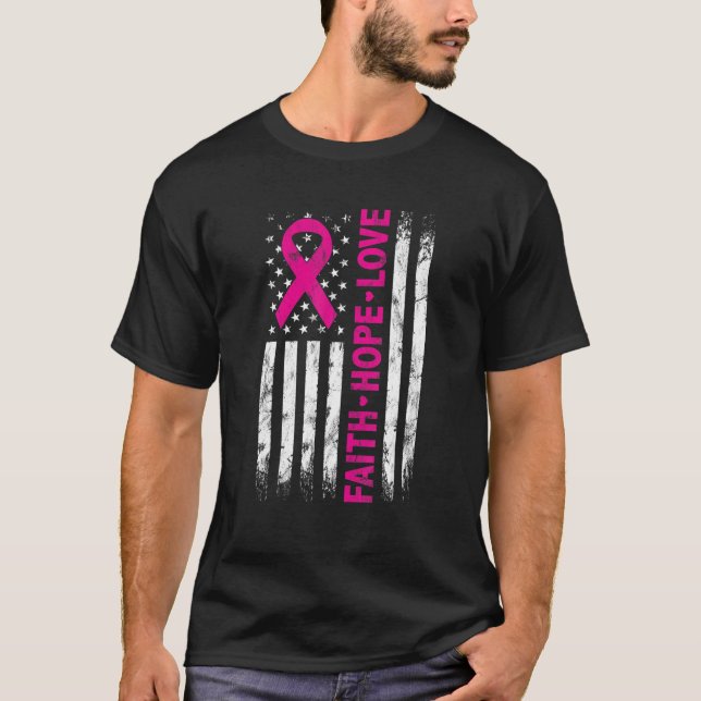 T-shirt American Flag Pink Ribbon Faith Hope Love Cancer A (Devant)