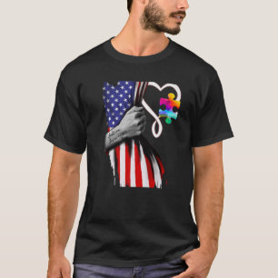 T-shirt American Flag Puzzle Pièce Ruban Cool Autisme Awa