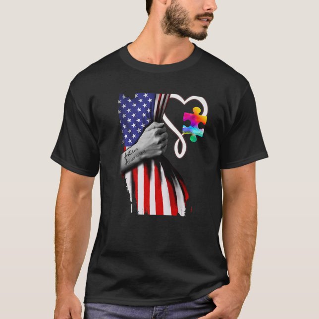 T-shirt American Flag Puzzle Pièce Ruban Cool Autisme Awar (Devant)