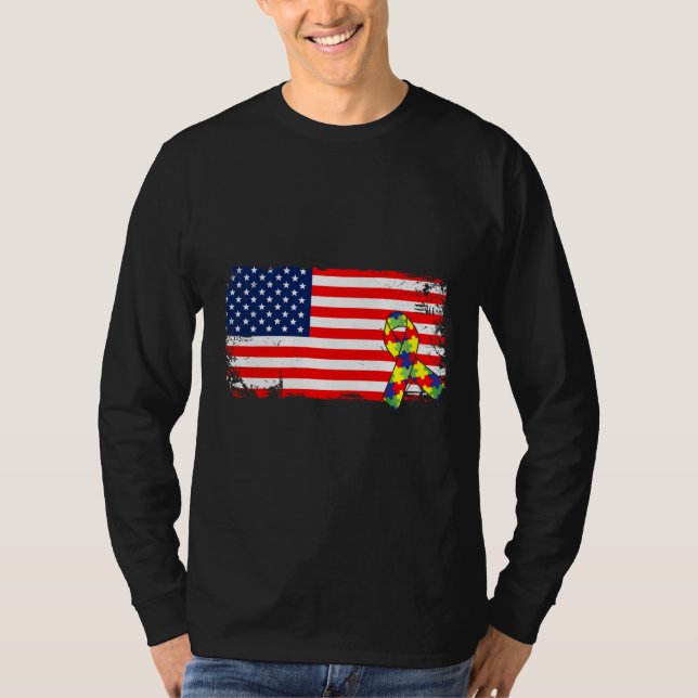 T-shirt American Flag Ribbon Autisme Mois Ruban Puzzle Di (Devant)
