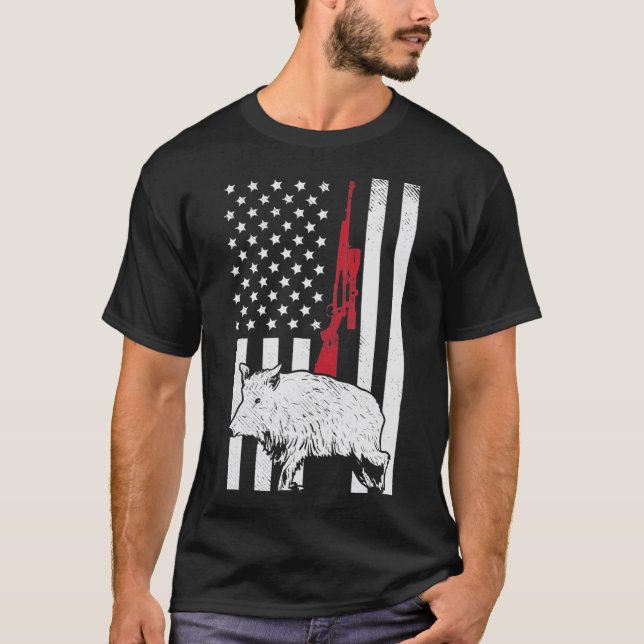 T-shirt American Flag Rifle Hog Boar Pig Gun Hunting USA H (Devant)