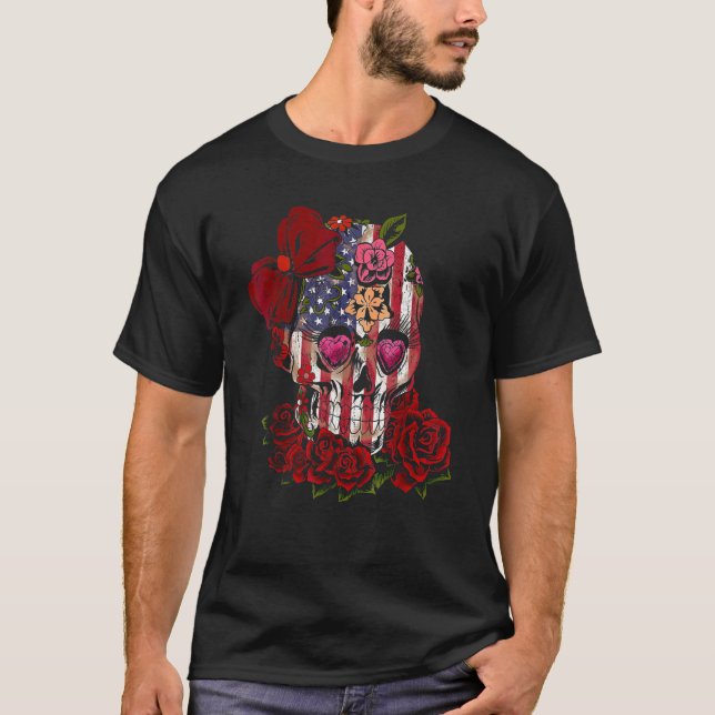 T-shirt American Flag Skull Wear Bow Rose Flowers (Devant)