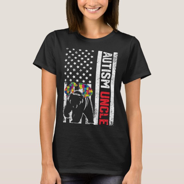 T-shirt American Flag Uncle Bear Autism Awareness Support  (Devant)