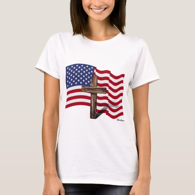 T-shirt American Flag Waving and Rugged Cross (Devant)