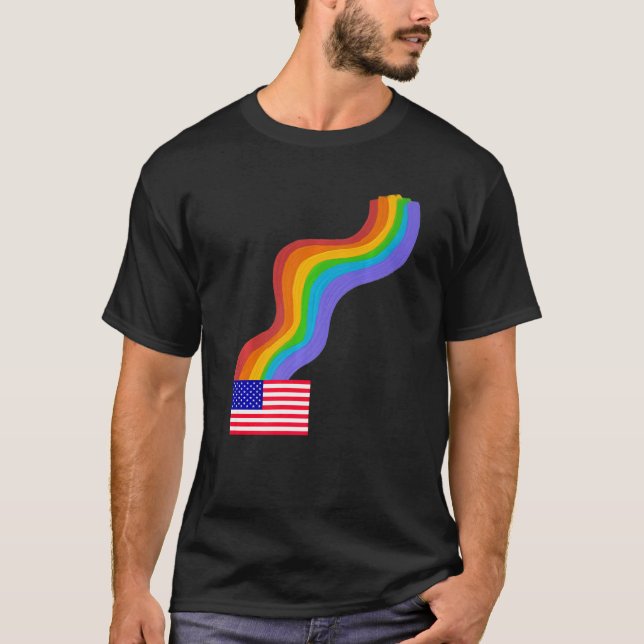 T-shirt American Flag Wavy Rainbow ROYGBIV Pride in USA Ra (Devant)