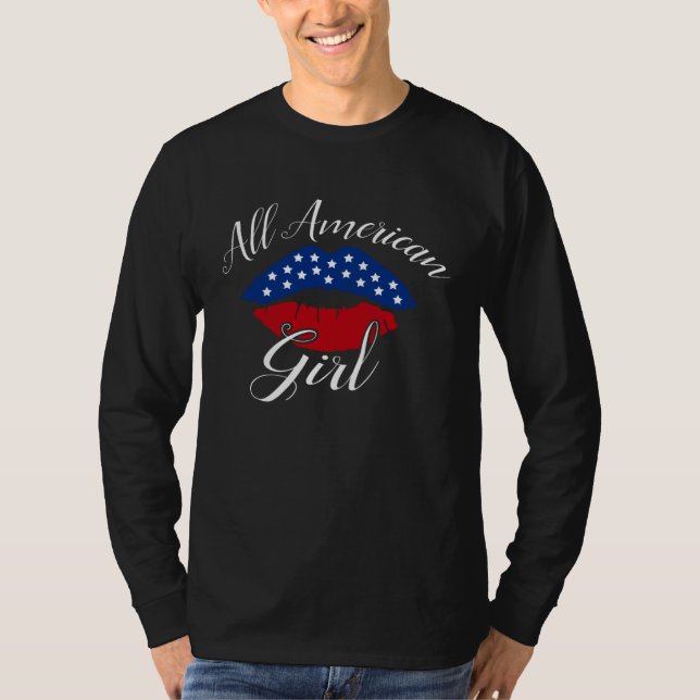 T-shirt American Girl USA Flag Lips 4th July Patriotic Gra (Devant)