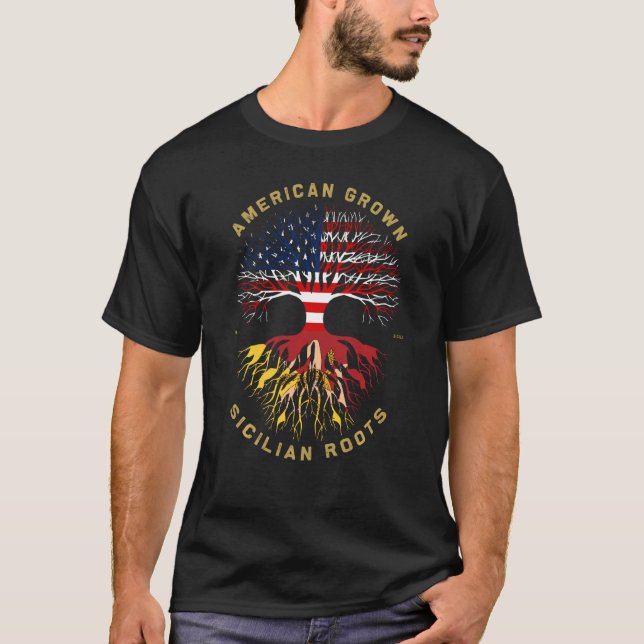 T-shirt American Grosse Avec Sicilian Roots Tree USA Drape (Devant)