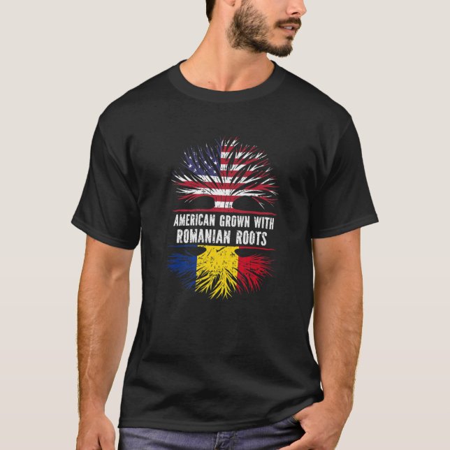 T-shirt American Grown With Romanian Roots USA Flag Romani (Devant)