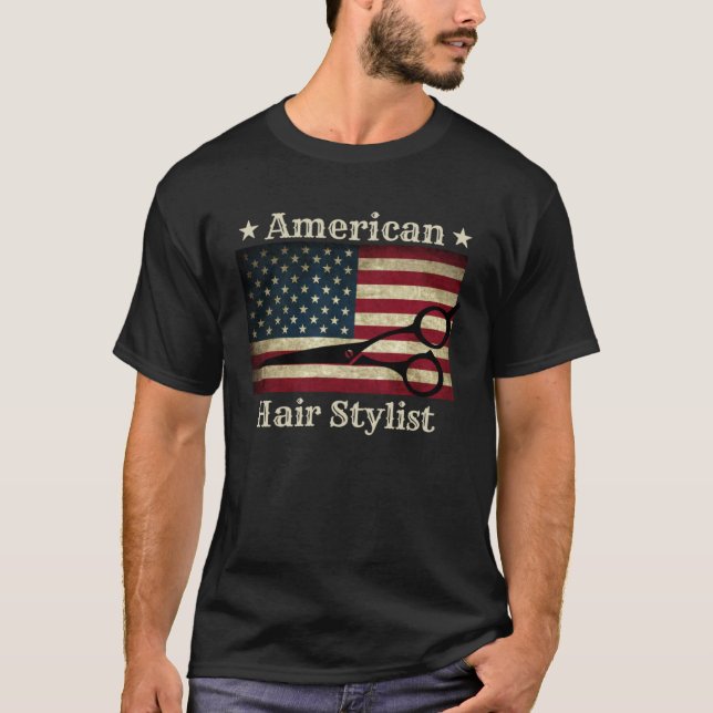 T-shirt American Hair Stylist  Shears Tools American Flag  (Devant)