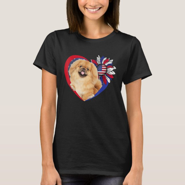 T-shirt American Pekingese Dog Heart 4th Of July USA Flag  (Devant)