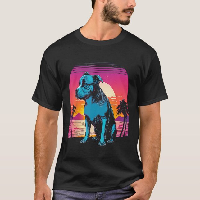 T-shirt American Pit Bull Terrier Retro 80s Style Sunset (Devant)