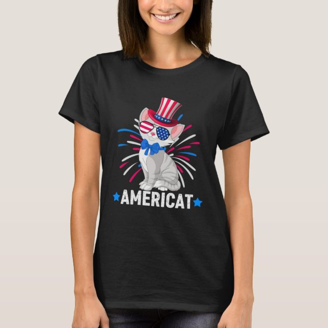 T-shirt Americat Kids 4th of July Gray Cat American Flag F (Devant)