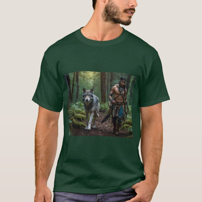 T-shirt Amérindiens Warrior & Wolf Wildlife Design (Devant)