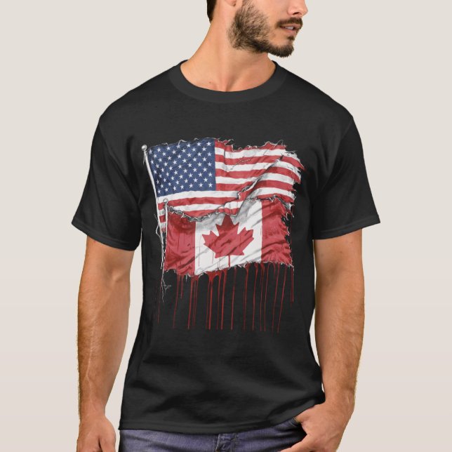T-shirt Amérique Canada Drapeaux Demi Américain Demi Canad (Devant)