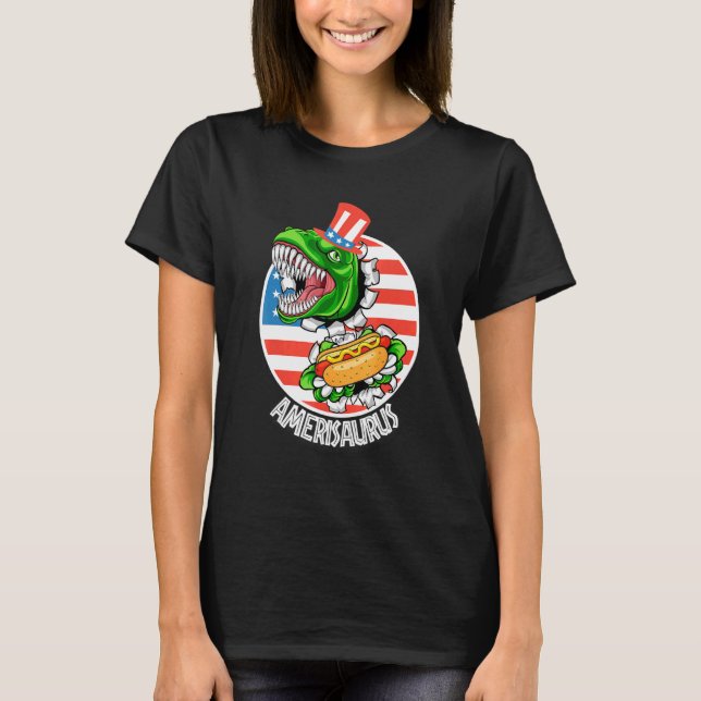 T-shirt Amerisaurus American Dinosaur Rex Manger Hot Dog L (Devant)