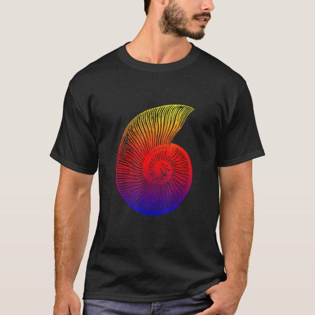 T-shirt Ammonite Rouge Bleu Jaune Conception Fossile (Devant)