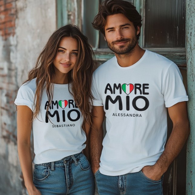 T-shirt Amore Mio Couples Italian Flag Heart White (Amore Mio Personalized Couples White T-shirt for Valentine's Engagement Wedding)