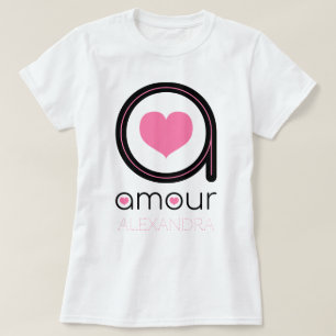 T-shirt Amour noir, Coeur rose, Nom Customisé