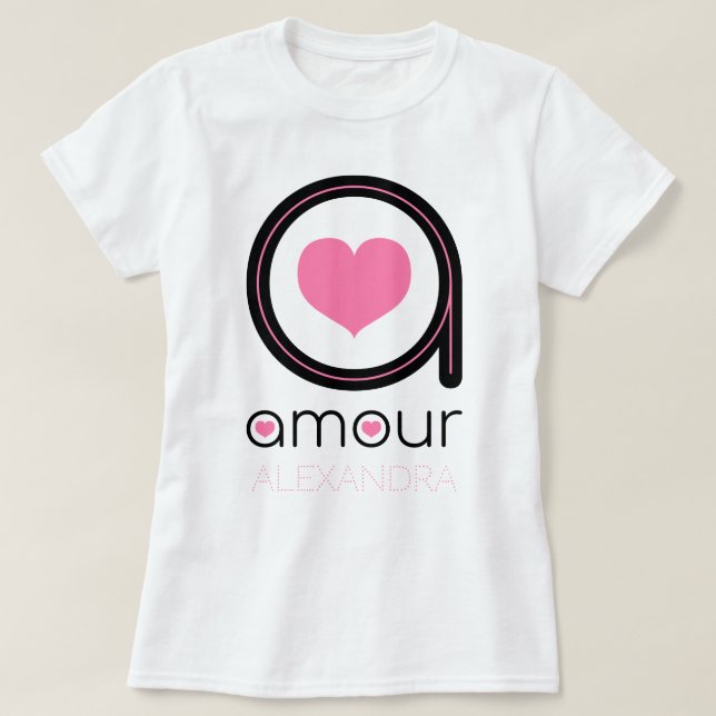 T-shirt Amour noir, Coeur rose, Nom Customisé (Design devant)