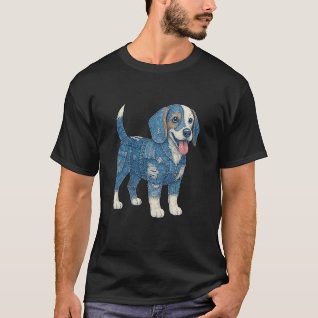 T-shirt Amoureux de Beagle Patchwork en Denim Maman Beagle (Devant)