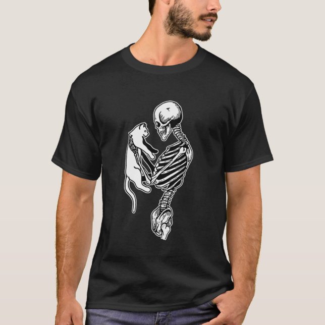 T-shirt Amoureux de chat squelette blackwork (Devant)