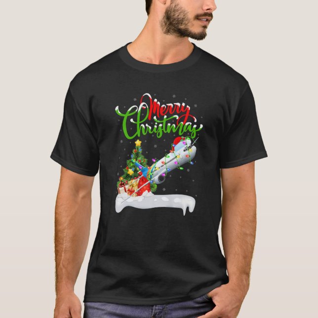 T-shirt Amoureux de l'avion Xmas éclairage Père Noël avion (Devant)