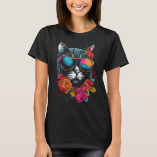 T-shirt Amoureux des chats Artwork Lunettes de soleil Fleu