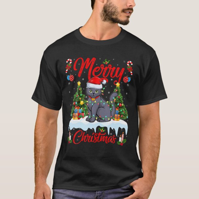 T-shirt Amoureux des chats bleu russe Éclairage Père Noël  (Devant)