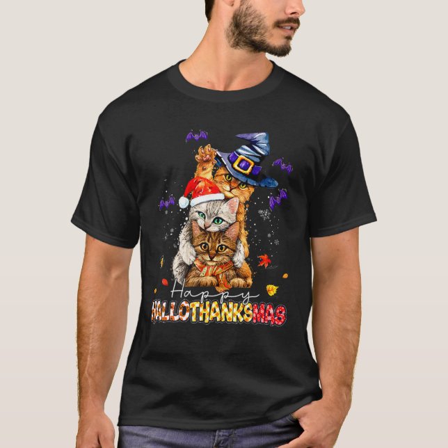 T-shirt amoureux des chats Halloween Et Joyeux Noël Happy  (Devant)