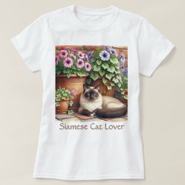 T-shirt Amoureux des chats siamois / Fleurs pétunia roses (Design devant)