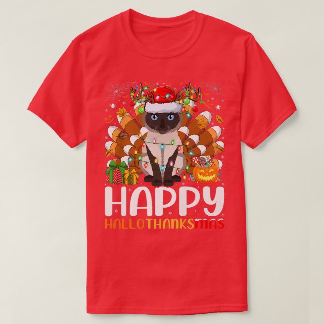 T-shirt Amoureux des chats siamois Halloween Noël Happy Ha (Design devant)