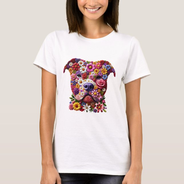 T-shirt Amoureux des chiens de la face de fleurs Pitbull (Devant)