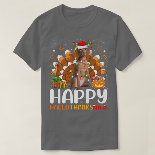 T-shirt Amoureux des chiens Vizsla Halloween Noël Happy Ha (Design devant)