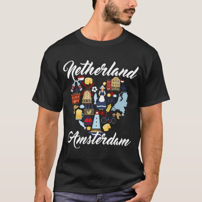 T-shirt Amsterdam Pays-Bas Skyline Points de repère Touris (Devant)