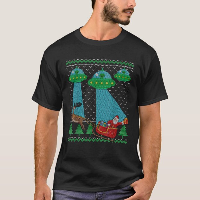 T-shirt Amusant Alien UFO Père Noël Sleigh Laid Christmas  (Devant)