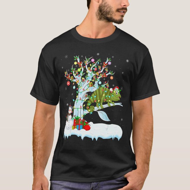 T-shirt Amusant Chameleon Xmas Arbre Éclairage Père Noël C (Devant)