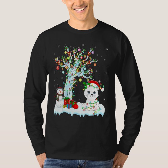 T-shirt Amusant Chat Xmas Arbre Éclairage Santa Hat Chat C (Devant)