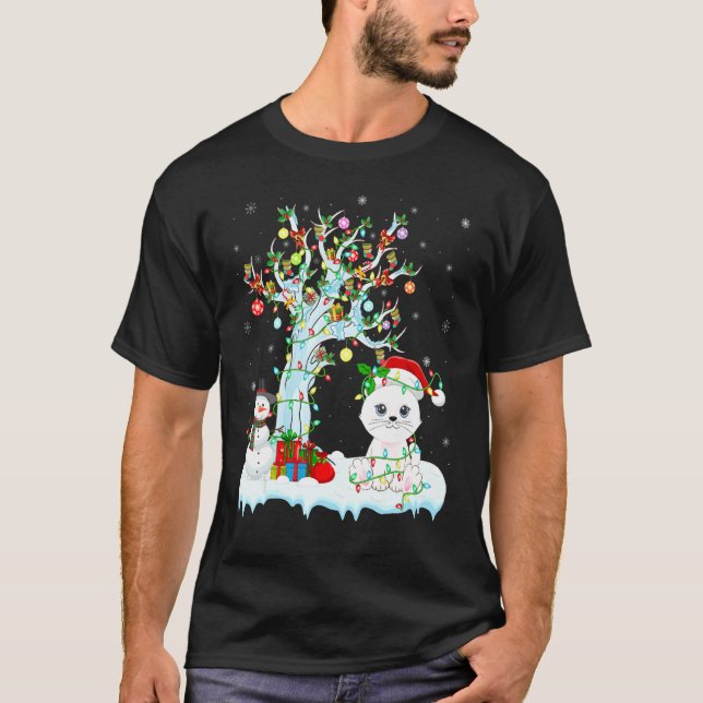 T-shirt Amusant Chat Xmas Arbre Éclairage Santa Hat Chat C (Devant)