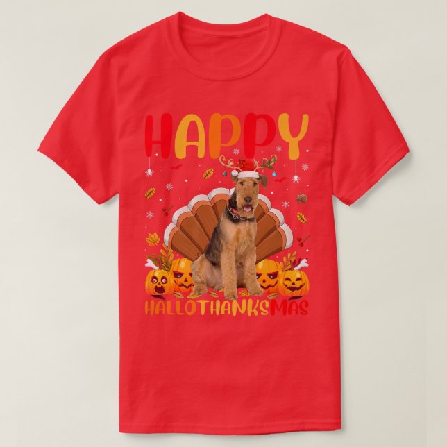 T-shirt Amusant Chien Happy Airedale Terrier Bonjour Merci (Design devant)
