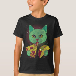 T-shirt Amusant Cosmique Espace Vert Alien Chat Manger Piz