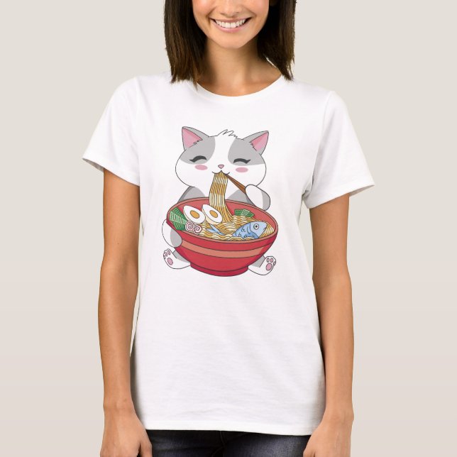 T-shirt Amusant Cute Chat Mange Ramen (Devant)