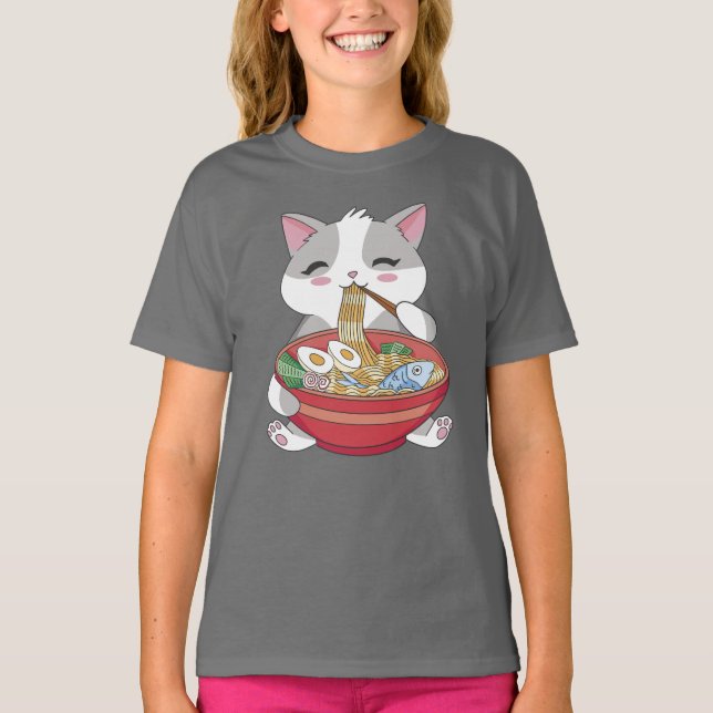T-shirt Amusant Cute Chat Mange Ramen (Devant)