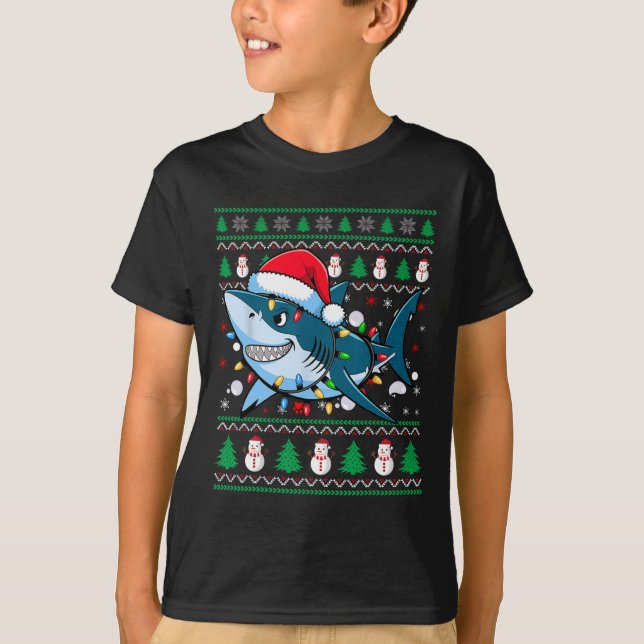 T-shirt Amusant Joyeux Vilain Requin de Noël Santa Hat Lum (Devant)
